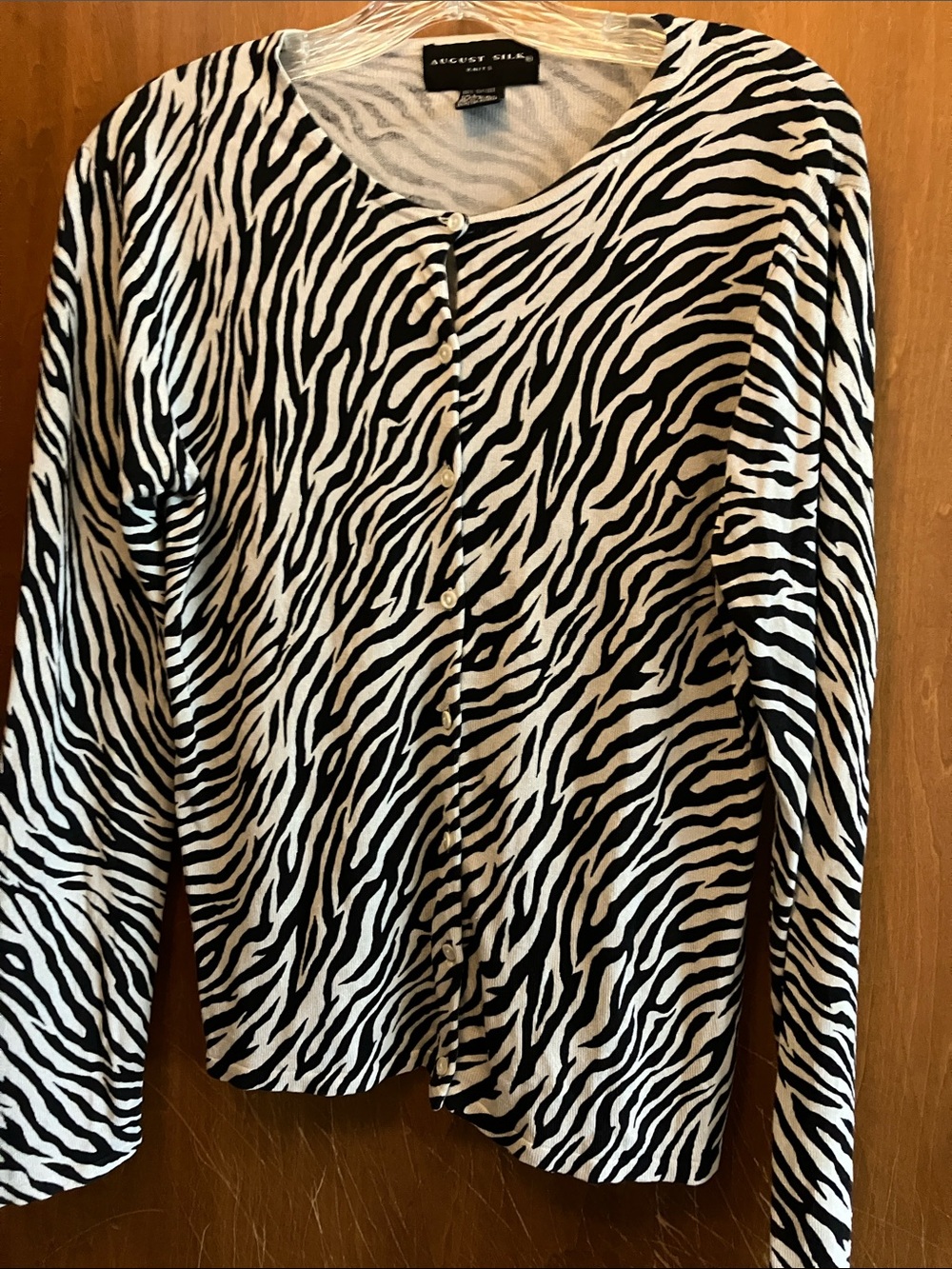 August Silk Black and White Zebra Print Cardigan Sweater Size L